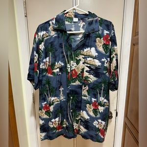 Koko Knot Hawaiian Shirt Blue with hula girls, floral and island print. Size XL